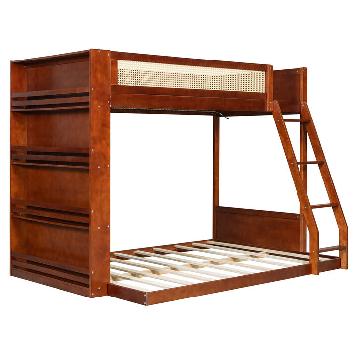 Merax Twin over Full Bunk Bed with Rattan Guardrail, LED Light & 4-Tier Side Bookshelf