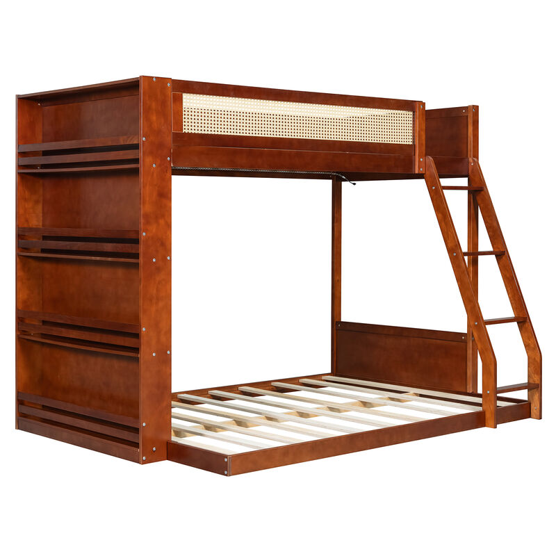Merax Twin over Full Bunk Bed with Rattan Guardrail, LED Light & 4-Tier Side Bookshelf image number 0