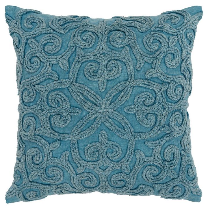 Homezia Blue Floral Patterned Heavy Textural Throw Pillow