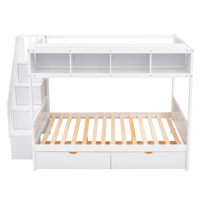 Twin over Full Bunk Bed with Shelfs, Storage Staircase and 2 Drawers, White