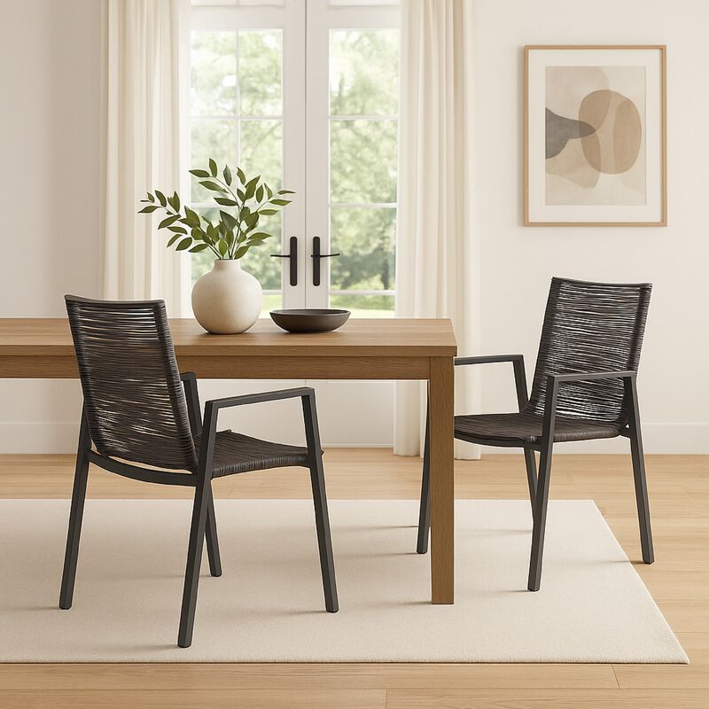 Teny Outdoor Dining Chair Set of 2, Open Back, Woven Rope, Dark Gray Metal - Benzara