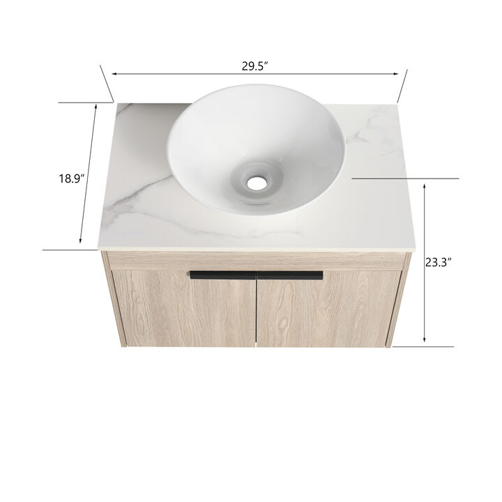 30" Modern Design Float Bathroom Vanity With Ceramic Basin Set, Wall Mounted White Oak Vanity With Soft Close Door, KD-Packing, KD-Packing,2 Pieces Parcel(TOP-BAB217MOWH)