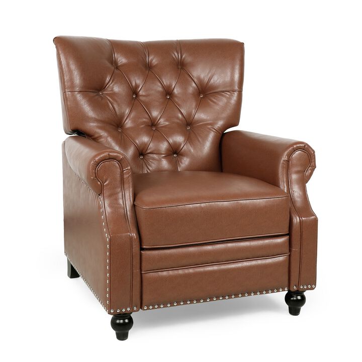 Recliner Chair, Turned Legs, Light Brown Button Tufted Faux Leather - Benzara