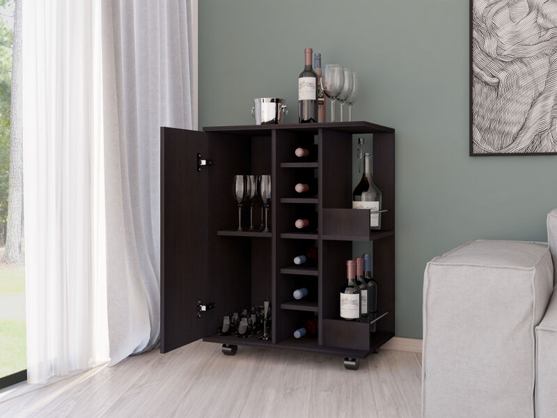 DEPOT E-SHOP Magda Bar Cart, Four Casters, Six Built-in Wine Rack, Single Door Cabinet, Two External Shelves, Black