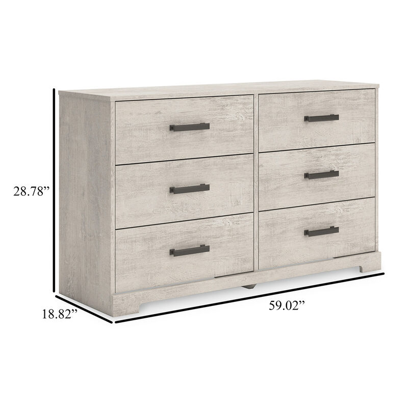 Shawn Wide Dresser, 6 Drawers, Black Handles, Light Gray Wood, 59 Inch - Benzara