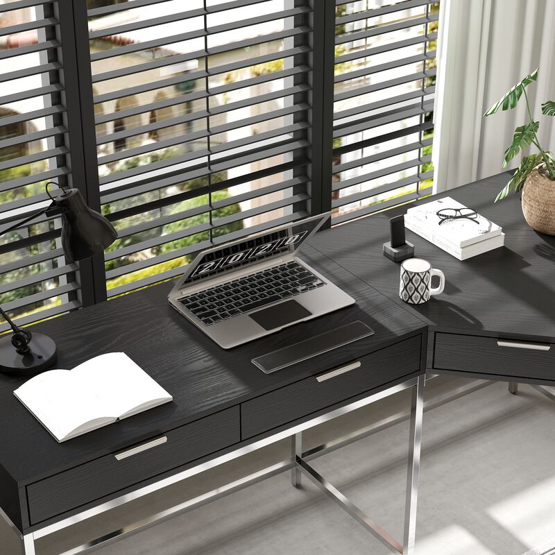 FUFU&GAGA L-Shaped Corner Desk with Drawers and File Cabinet, Black Embossed Finish, Metal Frame, Home Office Computer Workstation with Storage (70.9” x 55.1” x 29.9”), Black