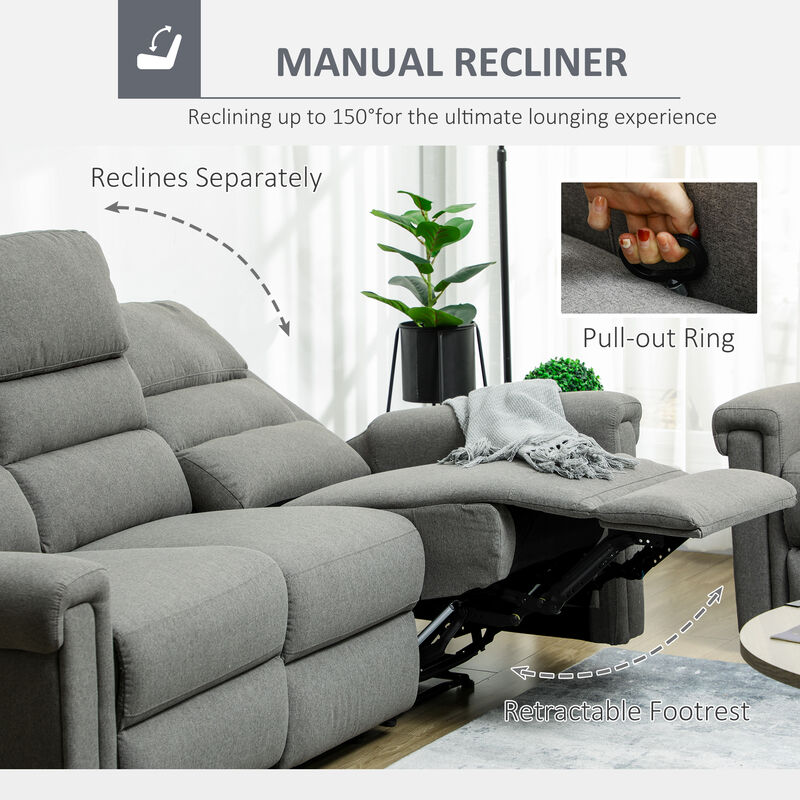 HOMCOM 3 Seater Recliner Sofa with Manual Pull Tab, Fabric Reclining Sofa, RV Couch, Home Theater Seating, Gray