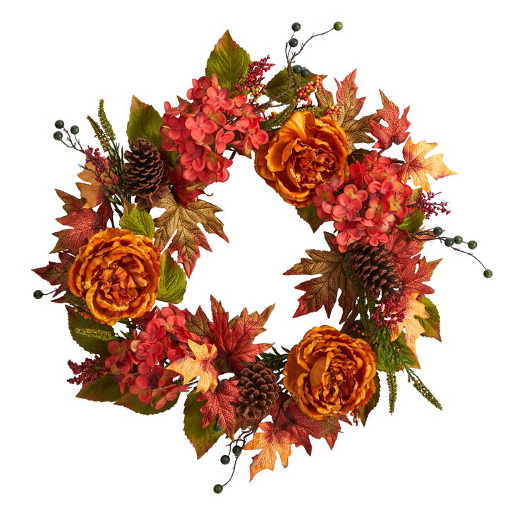 HomPlanti 25" Fall Ranunculus, Hydrangea and Berries Autumn Artificial Wreath