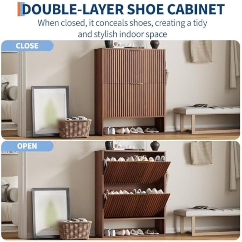Slim Entryway Shoe Storage Cabinet Flip Drawer White Fluted image number 3
