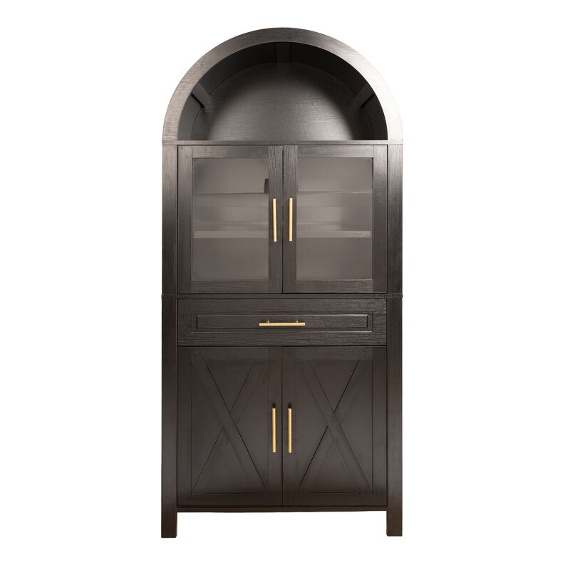 Merax Farmhouse Arched Glass Barn Door Pantry Cabinet - Adjustable Shelves & Built-In Racks image number 0