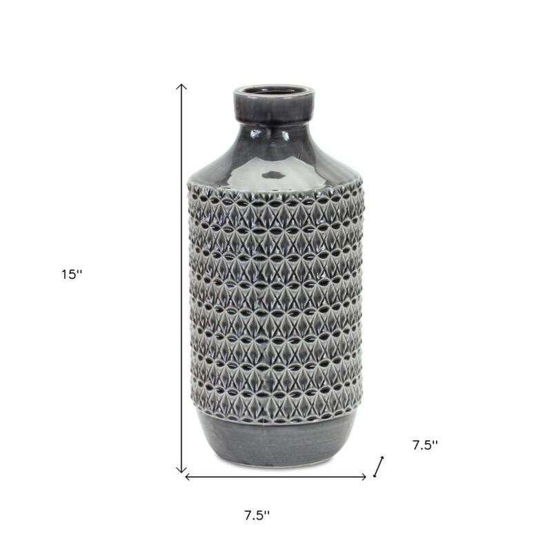Hivvago 15 Inch Gray Geometric Cylinder Terracotta Table Vase