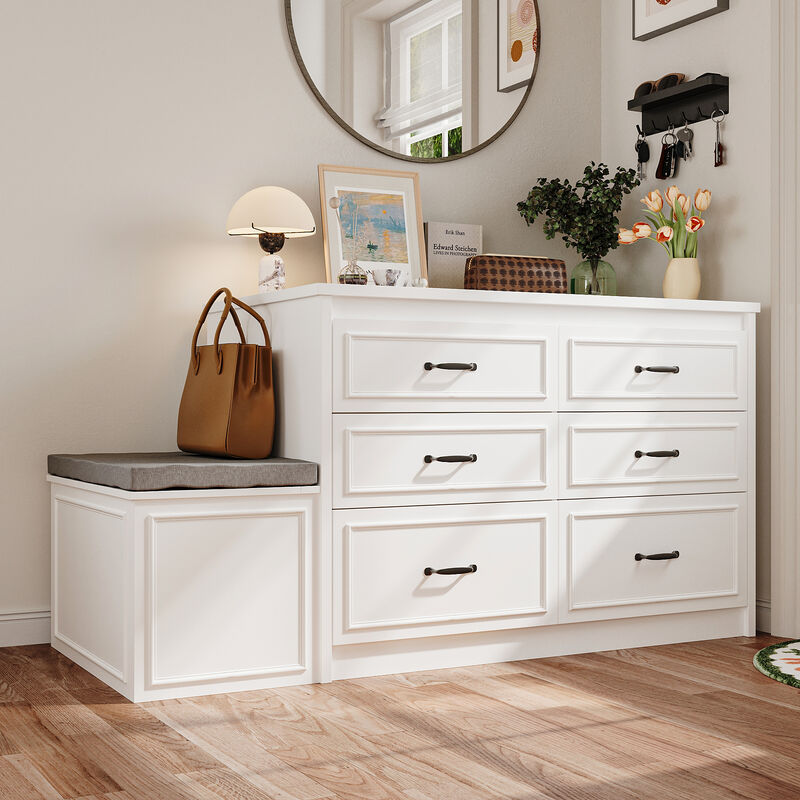 FUFU&GAGA Modern Vanity Table with 12 Drawers and Storage Bench – MDF Makeup Desk with Cushioned Seat, Large Workspace, and Black Handles, (61.9 in. L x 27.6 in. W x 32.6 in. H),White