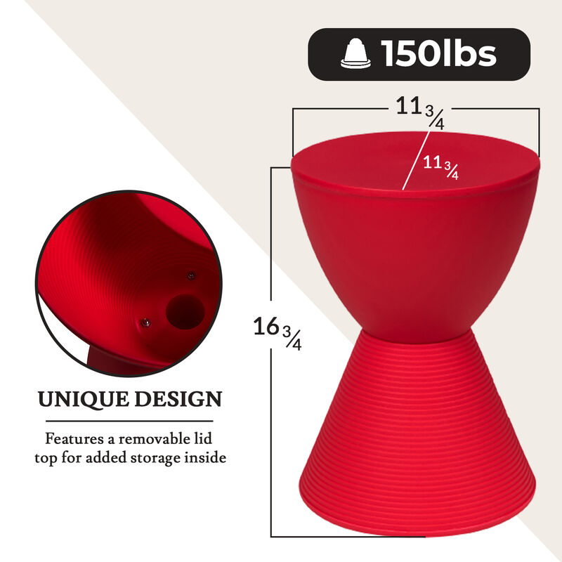 LeisureMod Modern ABS Shell Ribbed Hourglass Accent Drum Side Table with Removable Lid for Storage Indoor and Outdoor Use