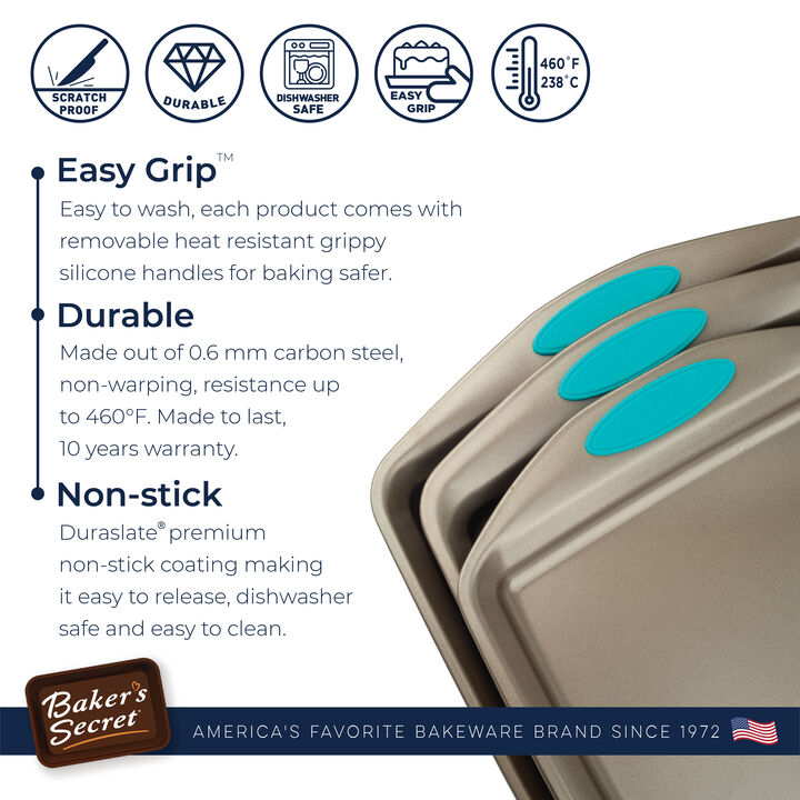 Baker's Secret Set of 3 Cookie Sheet Easy-Grip with Heat Handles, Thick Carbon Steel with Non-stick Coating, Baking Essentials, Gift Packaging