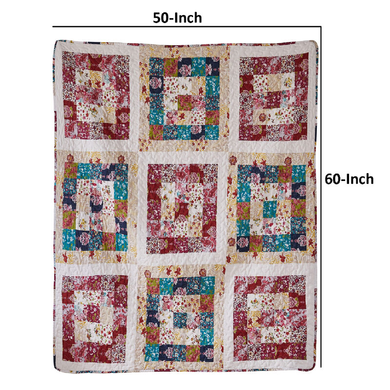 Zay 60 Inch Throw Blanket, Patchwork Floral Print, Teal Blue Microfiber - Benzara