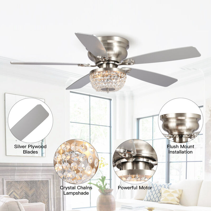 48" Modern Nickel Low Profile Crystal Ceiling Fan Chandelier with Light and Remote