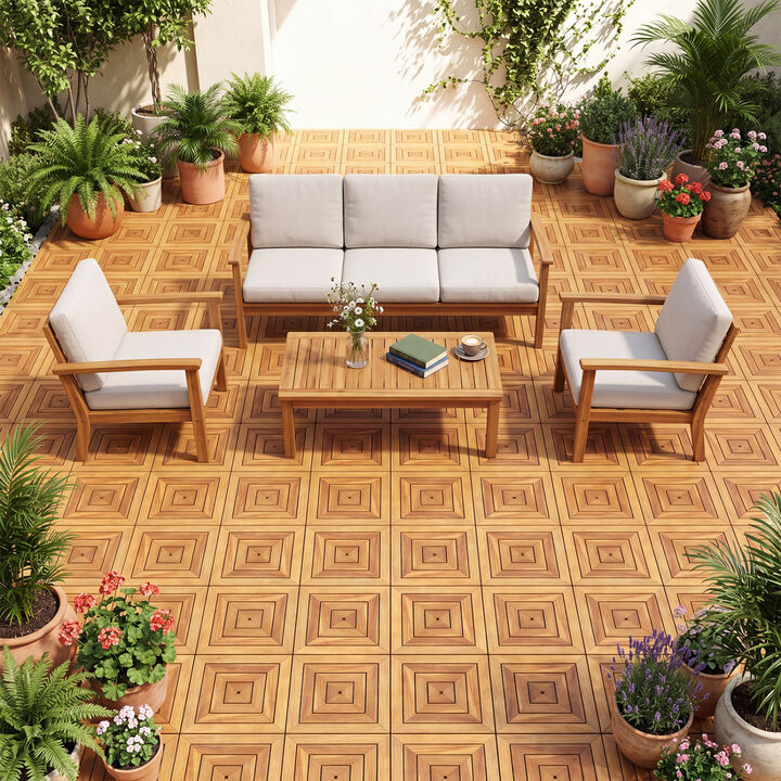 48 Piece Interlocking Wood Deck Tiles for Patio Balcony and Garden Flooring-Natural