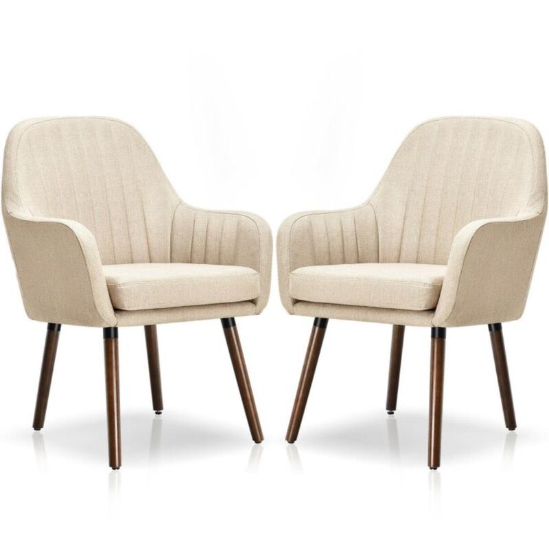 Hivvago Set of 2 Retro Off-White Linen Upholstered Accent Chair with Stylish Wood Legs