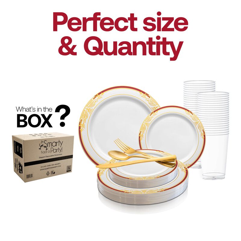 White with Burgundy and Gold Harmony Rim Plastic Wedding Value Set (30 Sets) image number 3