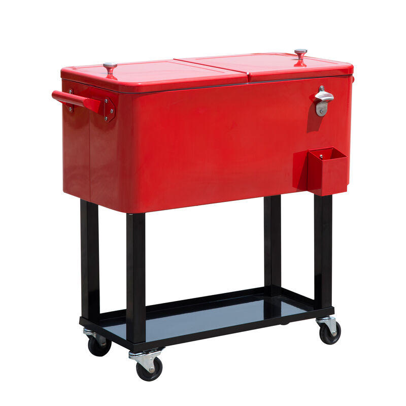 Outsunny 80 QT Rolling Cooling Bins Ice Chest on Wheels Outdoor Stand Up Drink Cooler Cart for Party, Red