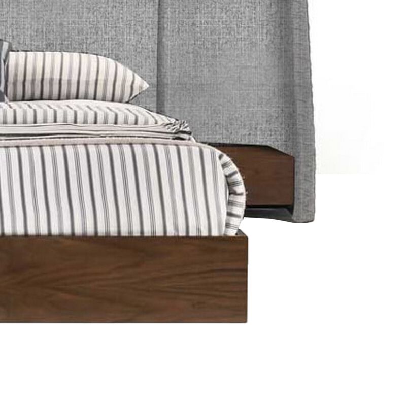 Nie Queen Bed, Gray Upholstered Wide Wall Headboard, Walnut Brown Wood - Benzara image number 4