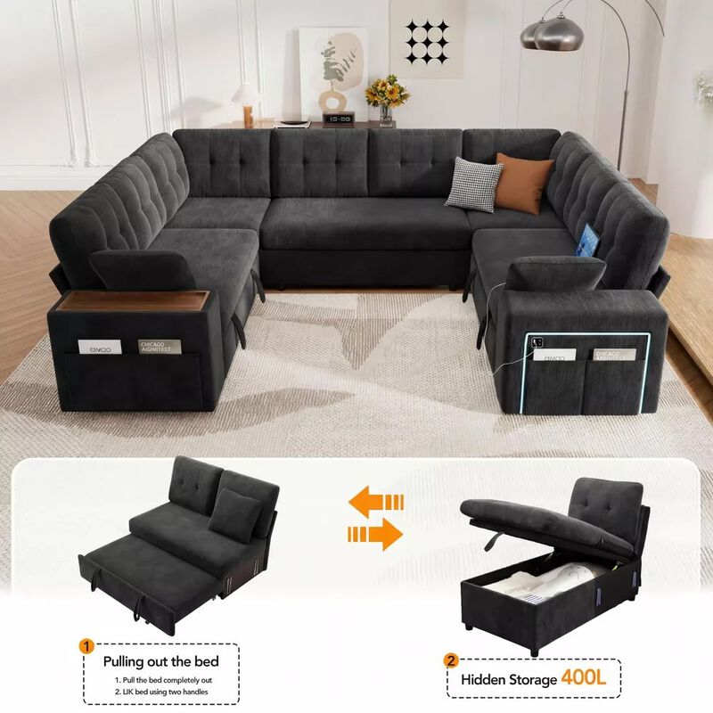 Vipbear 112" U-Shaped 8-Seat Modular Chenille Sectional Sleeper Sofa, Pull Out Bed Reclining Couch image number 5