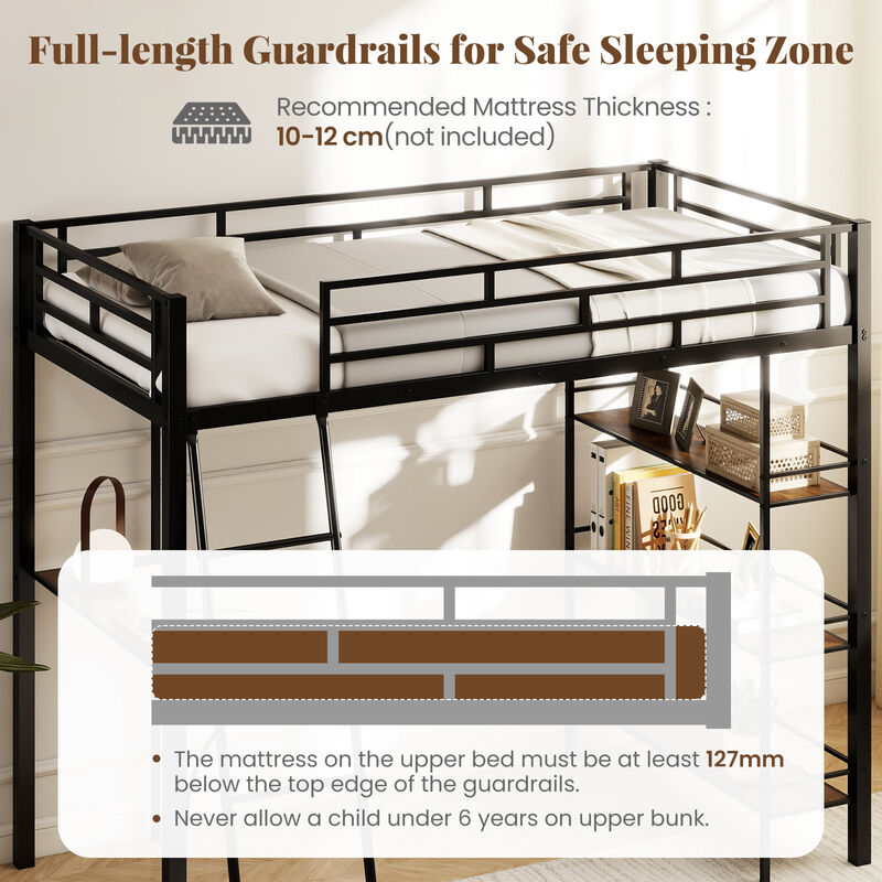 Black Twin Size Loft Bed with Integrated Desk and Storage Shelves for Kids image number 3