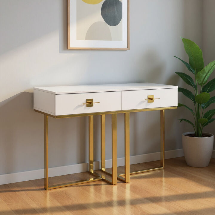 HomeRoots 47" White Wood and Gold Stainless Steel Sled Console Table With Two Drawers