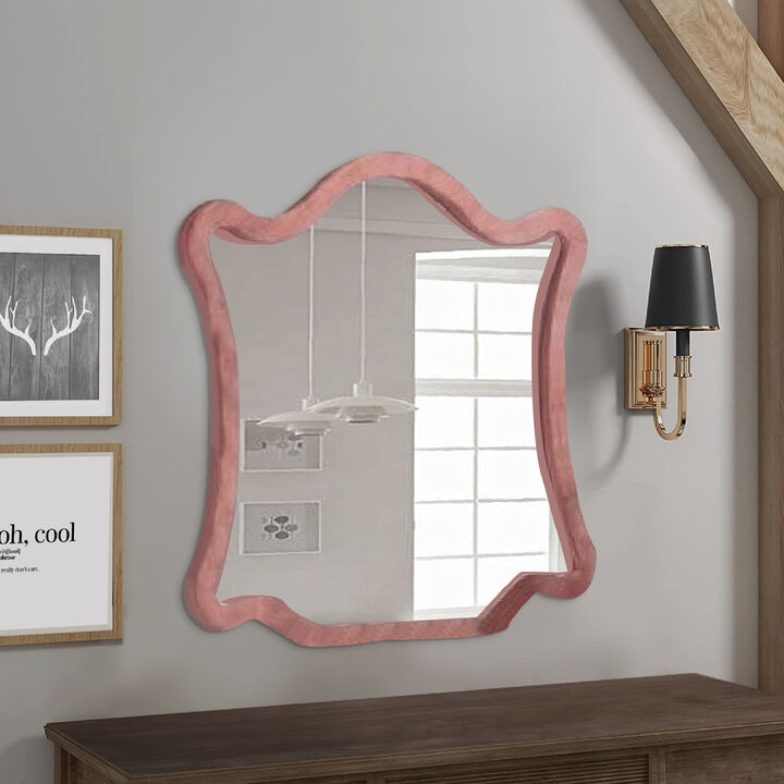 Sin 43 Inch Modern Mirror with Scalloped Wood Frame, Velvet, Pink-Benzara