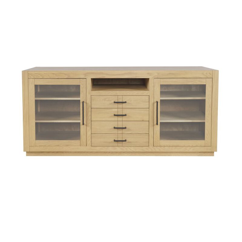 Jofran 70 Contemporary Media Console with Tempered Glass Doors, Drawers and Shelves