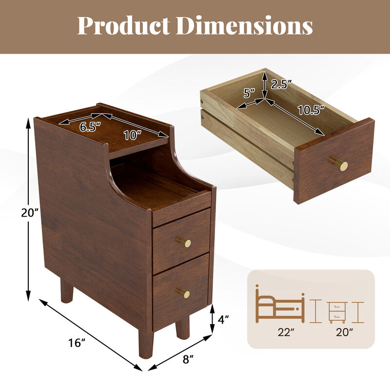 Solid Wood Nightstand with Pull-Out Tray and 2 Drawers, Narrow Bedside Table image number 2