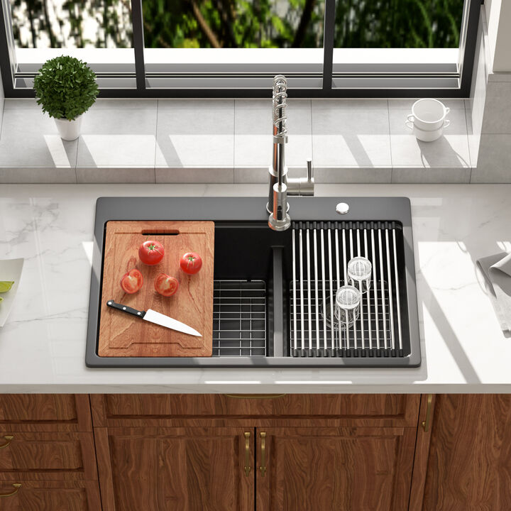 33x22x10 Inch Black Granite Composite Workstation kitchen Sink Low Divide 60/40 Double Bowl Quartz Drop In Kitchen Sink