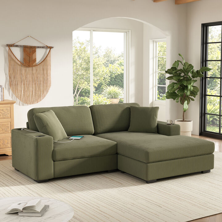 Merax Oversized Chaise Sectional with Corduroy Upholstery, Integrated Cup Holders & Charging Ports