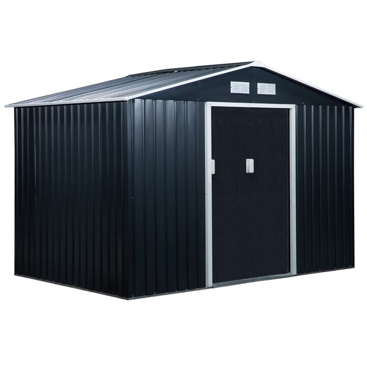 9' x 6' Metal Storage Shed Garden Tool House with Double Sliding Doors, 4 Air Vents for Backyard, Patio, Lawn Dark Grey