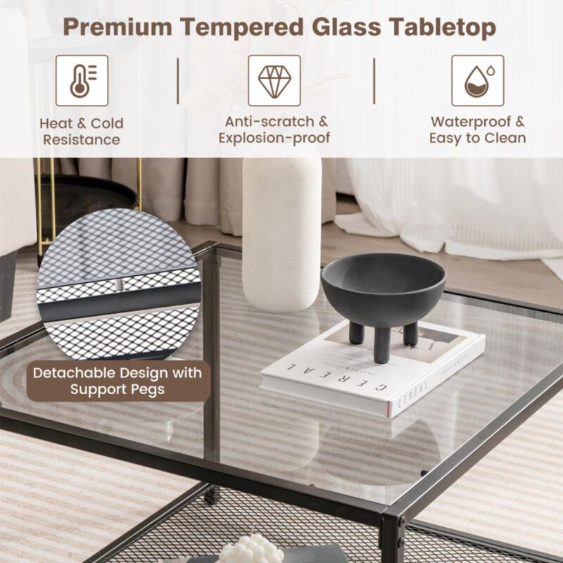 Hivvago Modern 2-Tier Square Glass Coffee Table with Mesh Shelf