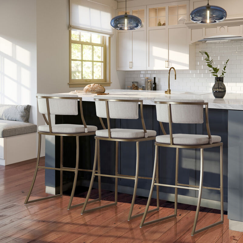 Hivvago 30 Inch Beige And Antiqued Brass Steel Low Back Bar Height Bar Chair