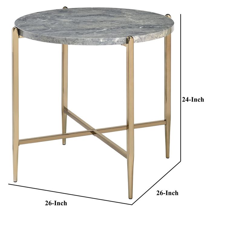 End Table with Oval Marble Top and X Shaped Support, Gray and Gold-Benzara