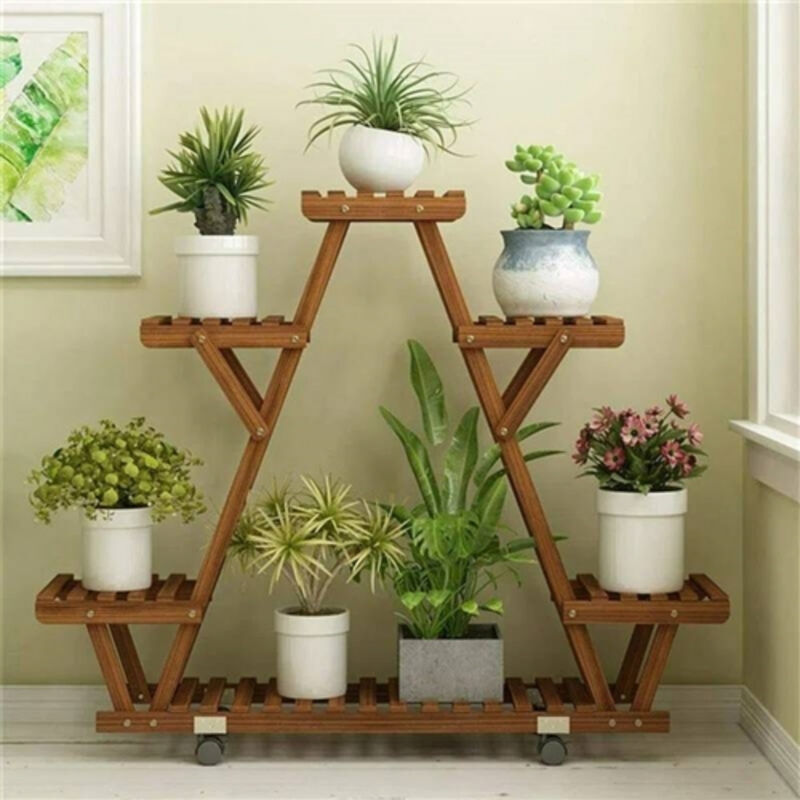 Indoor/Outdoor Solid Wood Triangular Plant Stand &ndash; Multi-Tier with Locking Wheels