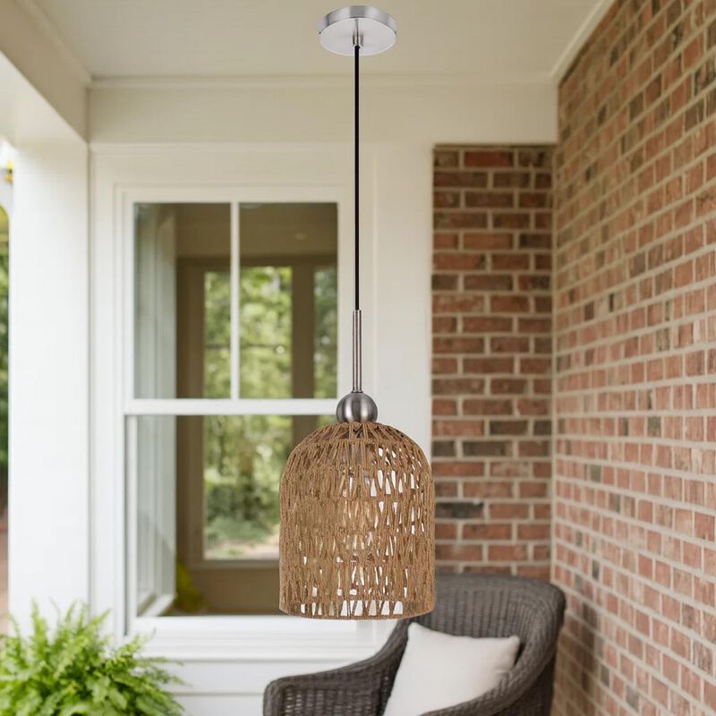 8 Inch Dia. Pendant Ceiling Light Fixture, Rope Woven Shade, Brown, Chrome - Benzara image number 5