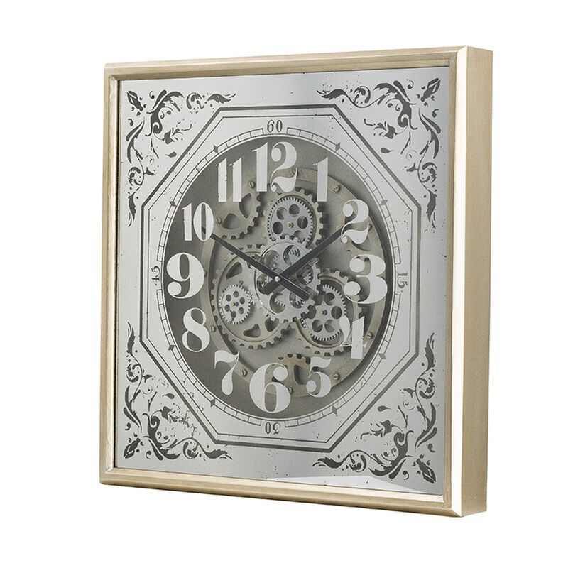 Viry 24 Inch Square Wall Clock, Analog Gear Design, Black White Iron Finish - Benzara