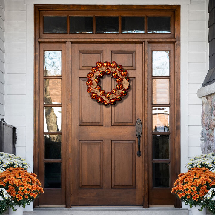 Jack-O-Lantern and Burlap Ribbon Halloween Wreath  20-Inch  Unlit