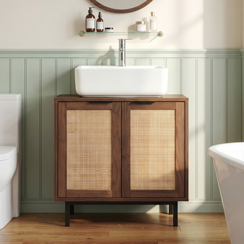 Modern Bathroom Vanity Cabinet with Rattan Doors and Cut-Out image number 1