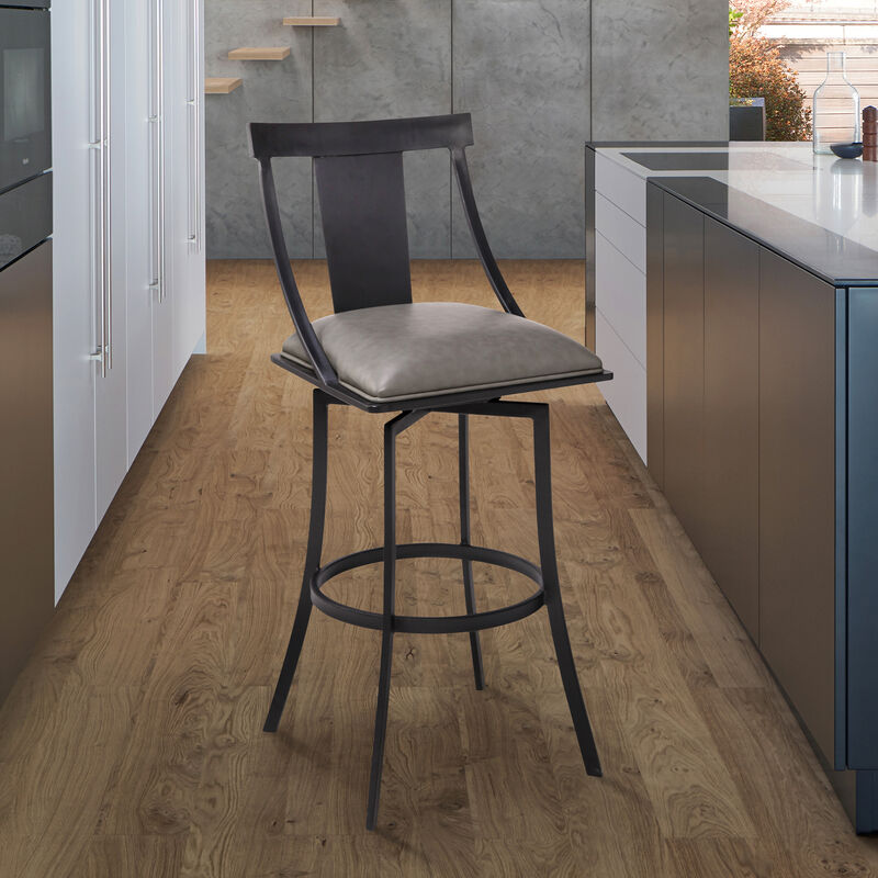 Brisbane Contemporary  Counter Height Barstool in Matte Black Finish and Vintage Gray Faux Leather