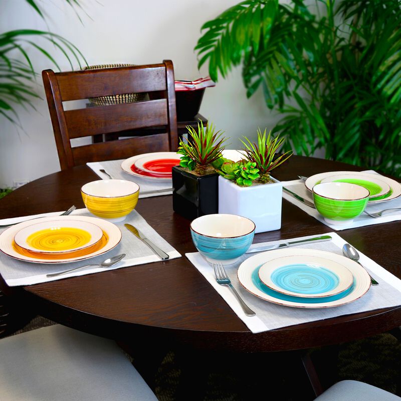 Gibson Home Confetti Band 12 Piece Mix and Match Round Ceramic Dinnerware Set in Assorted Colors