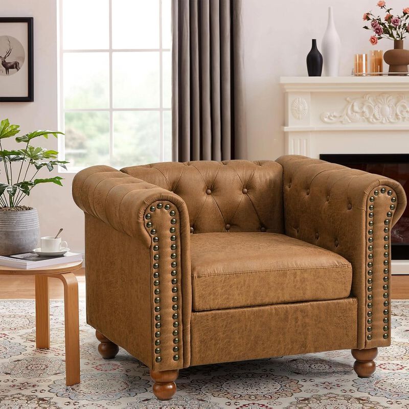 ShipItFurniture Two-Piece Air Leather Chesterfield Sofa and Club Chair Set, Brown image number 6