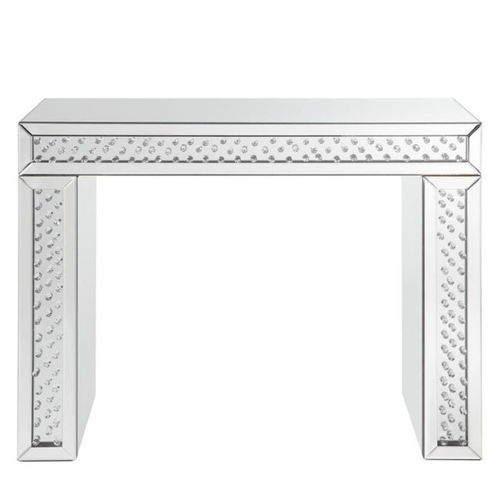 Mirror Accented Wood And Glass Vanity Desk With Faux Crystal Inlay, Silver-Benzara