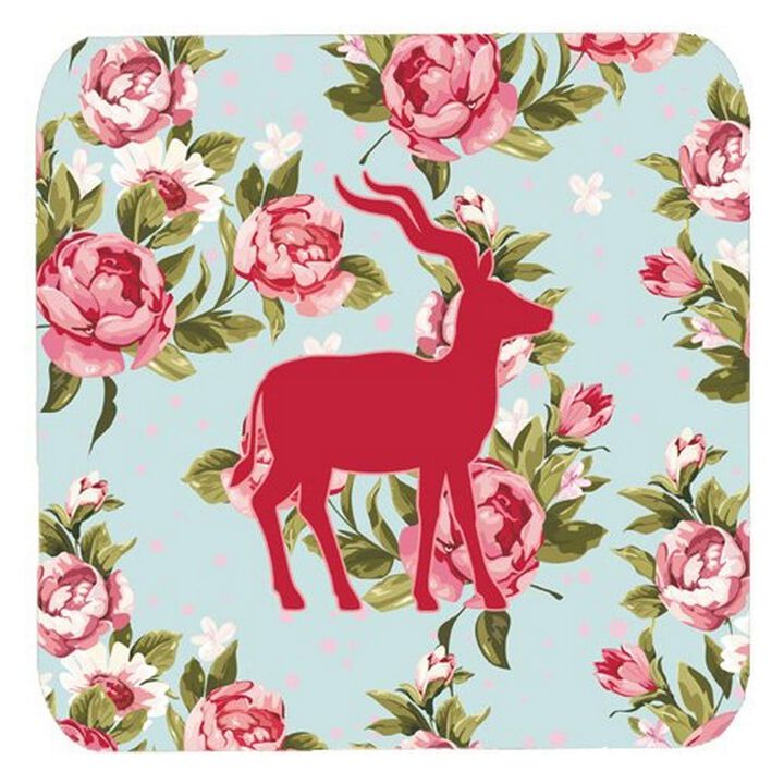 Caroline's Treasures BB1121-RS-BU-FC Deer Shabby Chic Blue Roses Foam Coasters (Set of 4), 3.5 H x 3.5 W, Multicolor