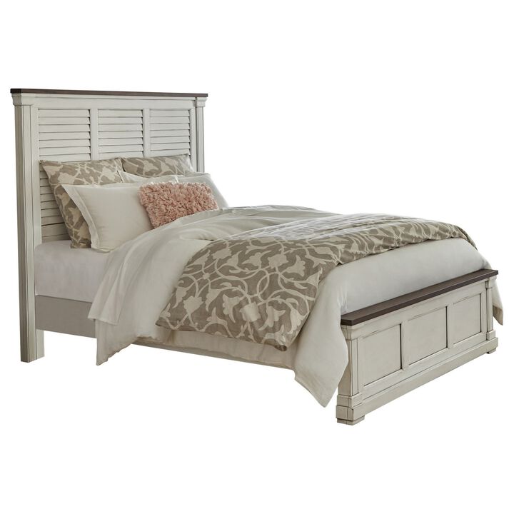 Ola Queen Panel Bed, Shutter Style Headboard, Molded Trim, White and Brown - Benzara