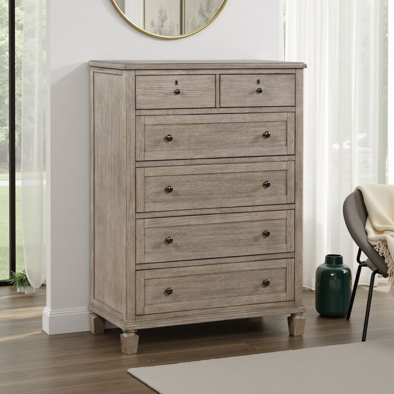 Cely Tall Dresser Chest, 6 Drawers, Gray Oak Wood, Nickel Tone Knobs  - Benzara
