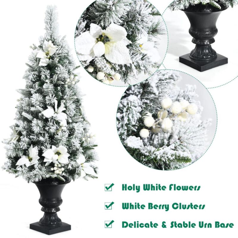 Hivvago 4 Feet Pre-lit Snowy Christmas Entrance Tree with White Berries and Flowers